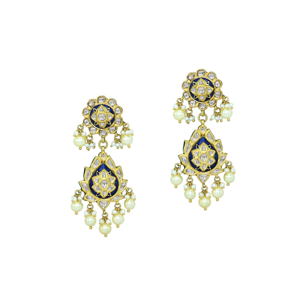 Drop Earrings with Blue Enamel and Pearls
